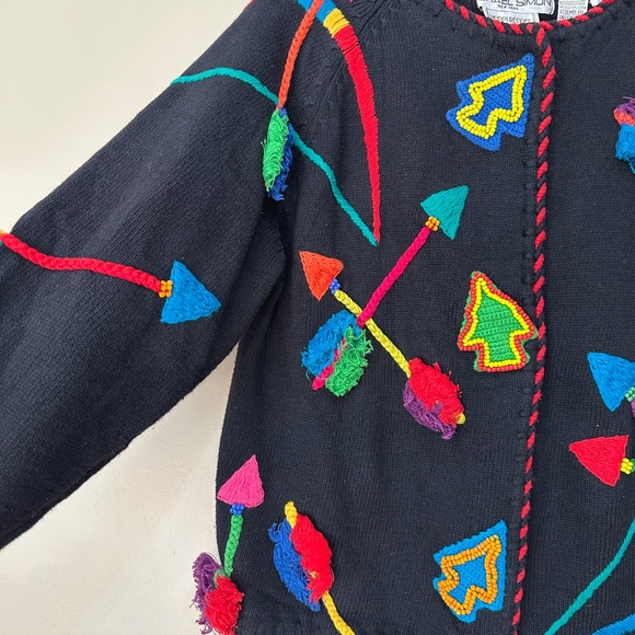 Michael Simon Vintage 1991 Knit Cardigan Abstract Art Sweater Bow & Arrow Bead - Picture 5 of 13